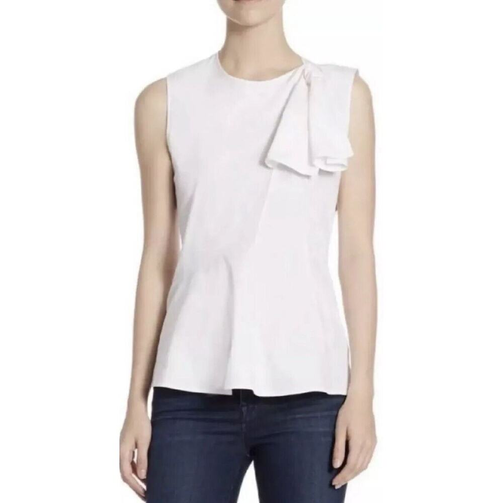 Theory Women's White Sleeveless Bow Front Stretch Cotton Blouse Tank Top Size S